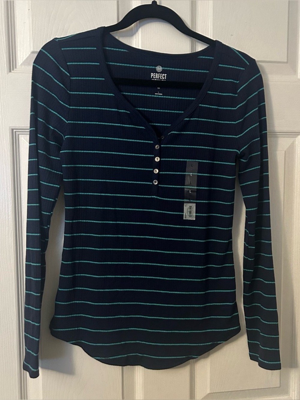 New SO Long Sleeve Navy with Teal Stripes Henley Tee